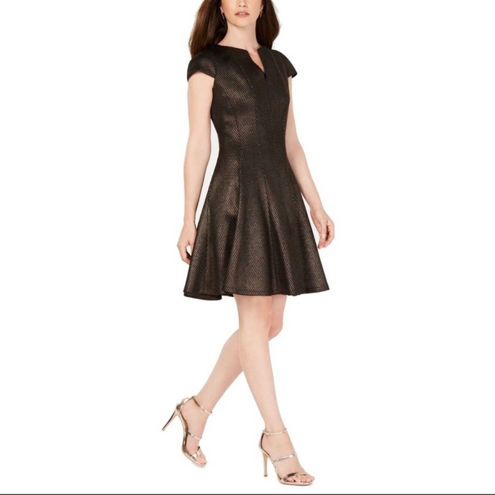 Julia Jordan black and gold split neck flare skater dress. Size 10.
